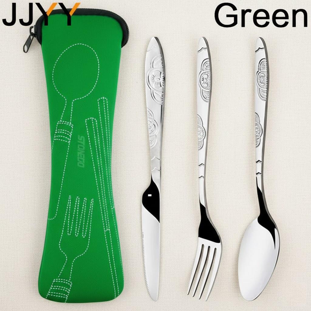 

3PCS Portable Stainless Steel Cutlery Set Fork Spoon Steak Knife Travel Dining Kit Storage Bag зелёный