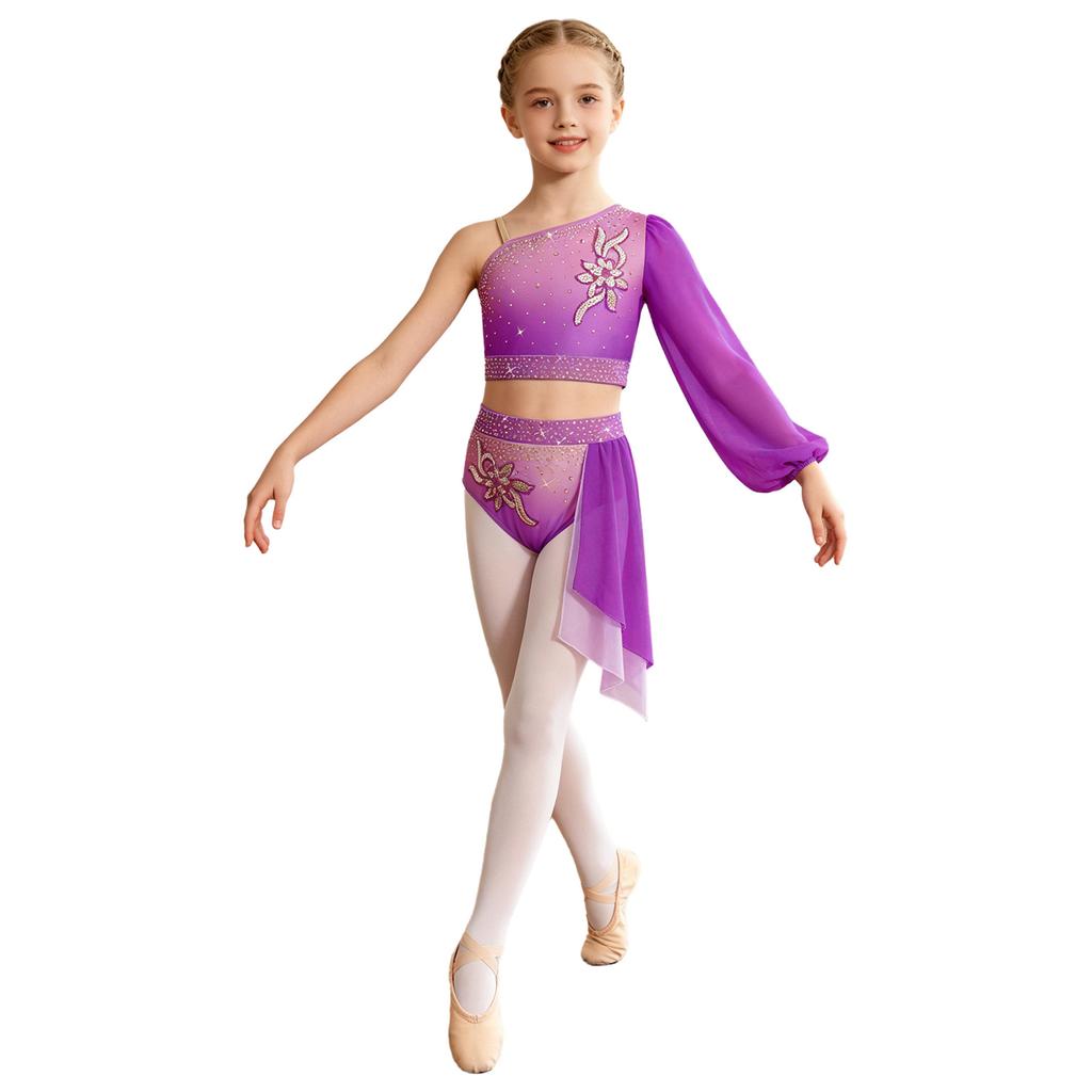 Children‘s Sparkle Gradient Rhinestone Dancewear One Shoulder Long Puff Sleeve Top with Applique Asymmetrical Draped Skirt for Recital Performance