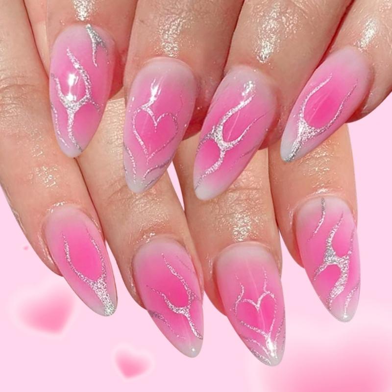 

Sweet Heart Flame Glitters Press On Nail 24Pcs Pink Blush False Nail With Shimmers ABS Construction For Women Gift 1