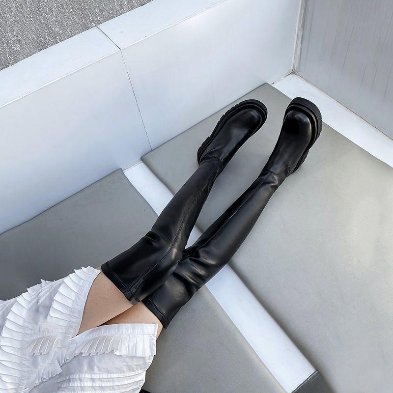 Women's Over-the-Knee Stretch Boots, 2025 Autumn/Winter, Slimming, Round Toe, Flat To Mid-Heel with Thick Sole.