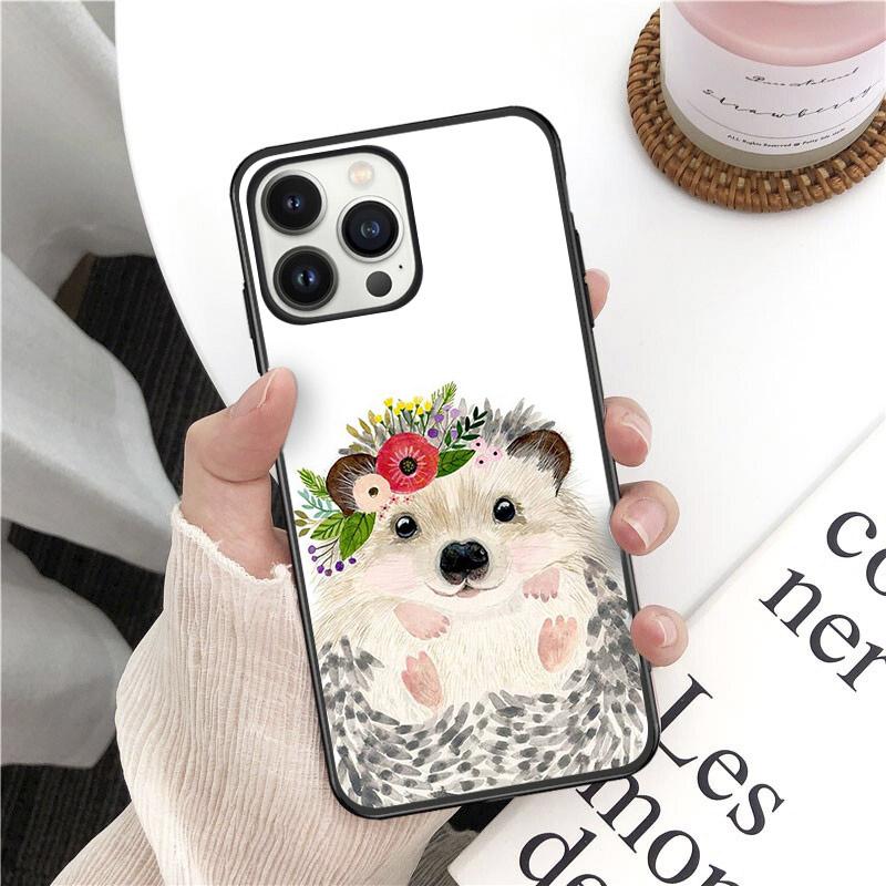 Animal Head Wearing Flowers Hedgehog Fox Phone Cover For Iphone 14pro 11pro 12 13promax 5 6s Xs 7 8plus SE Xr 12mini Coque Cases