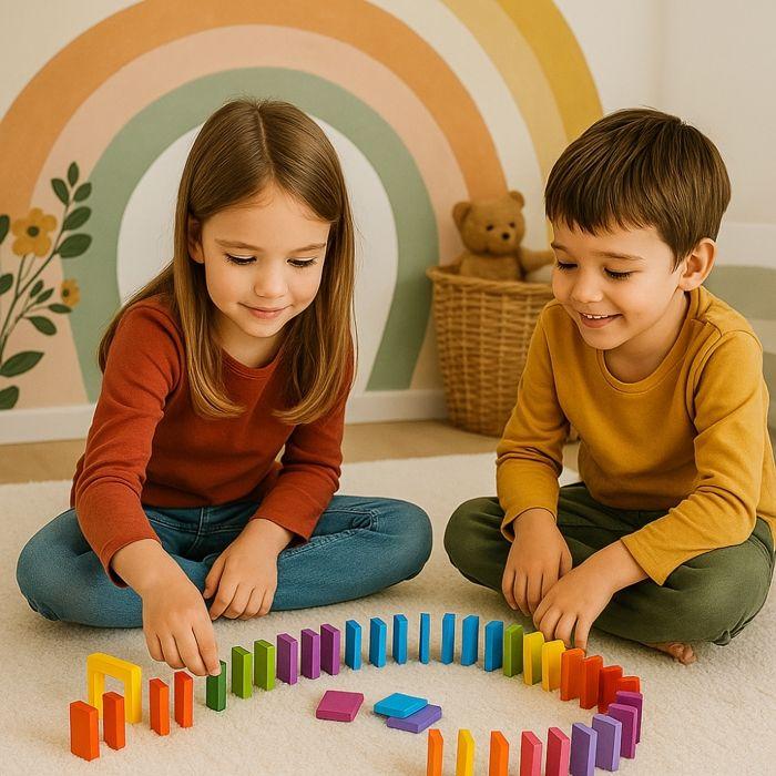 Jeu de Dominos - SHOP-STORY - Cascade de Dominos 123 Pièces - Multicolore - Bois Durable - Éducatif