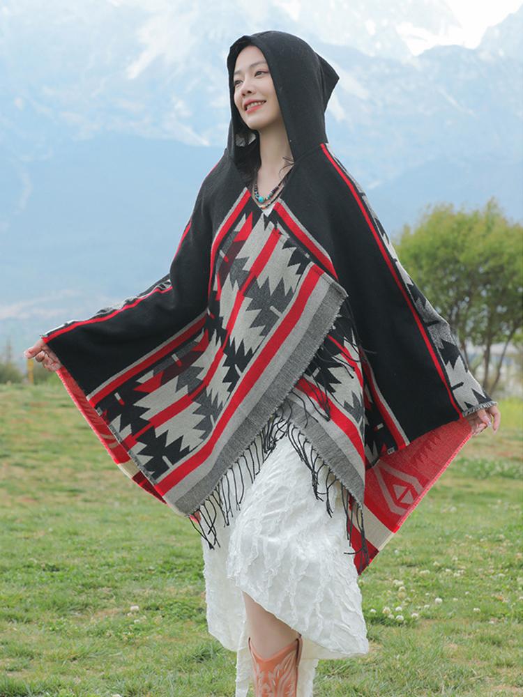 Autumn Winter Elegant Retro Print Scarf Women Layers Poncho Warm Tassels Scarve Capa Para Mujer Pashmina Cloak Wrap Shawl