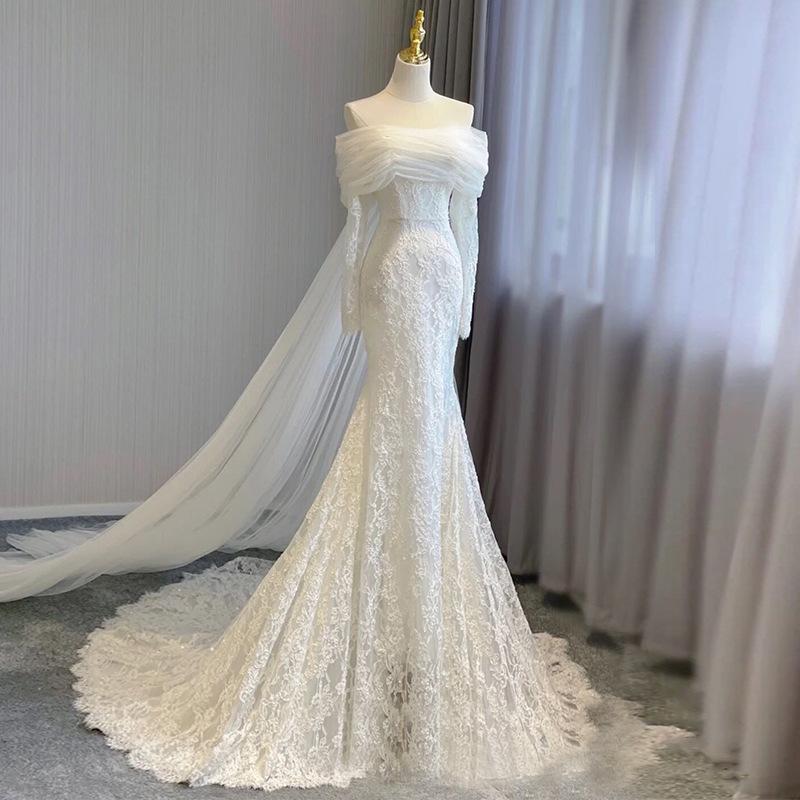 European and American fishtail lace light wedding dress bride simple one-word shoulder wedding welcome door dress French light dress