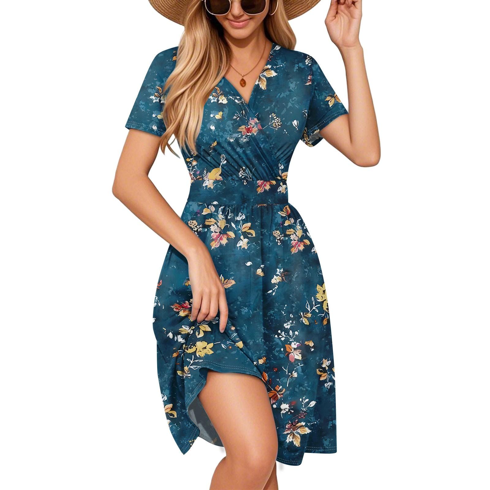 

Элегантное и повседневное женское платье с красочным принтом, V-образным вырезом и короткими рукавами. L тёмно-синий