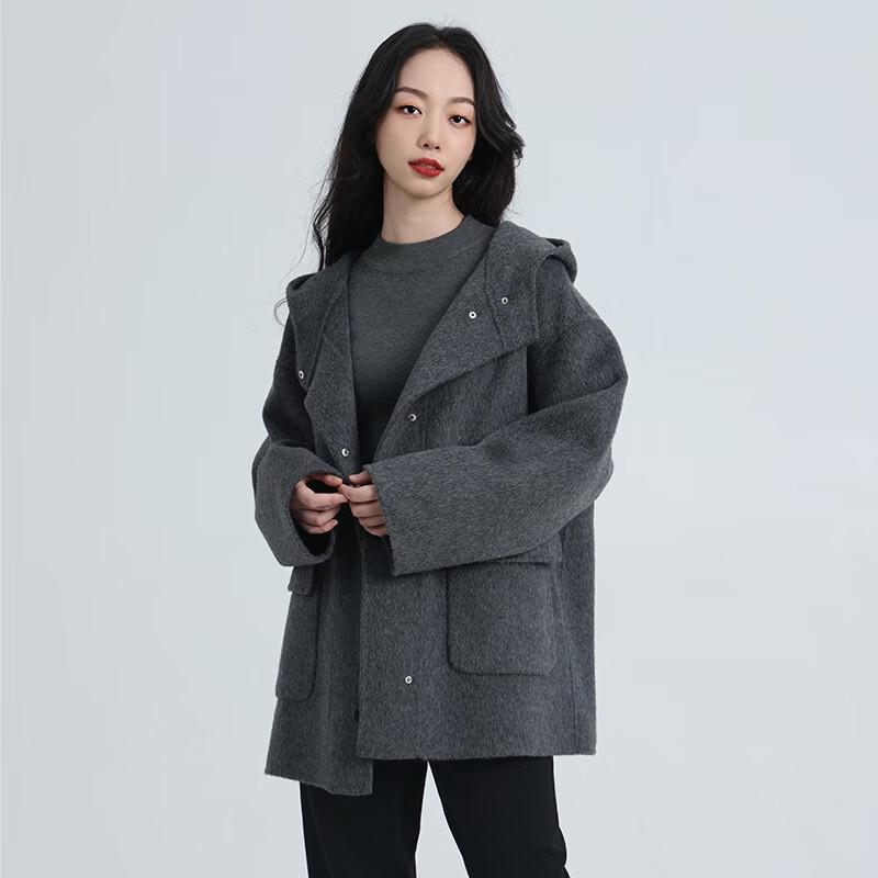 Fengxun Women's Hooded Double-Faced Wool Winter Coat