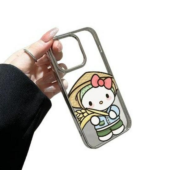 Electroplated Silver Frame Transparent Case for Apple 14/13 Pro, 15/16/17 Pro Max - Rice Cat Design