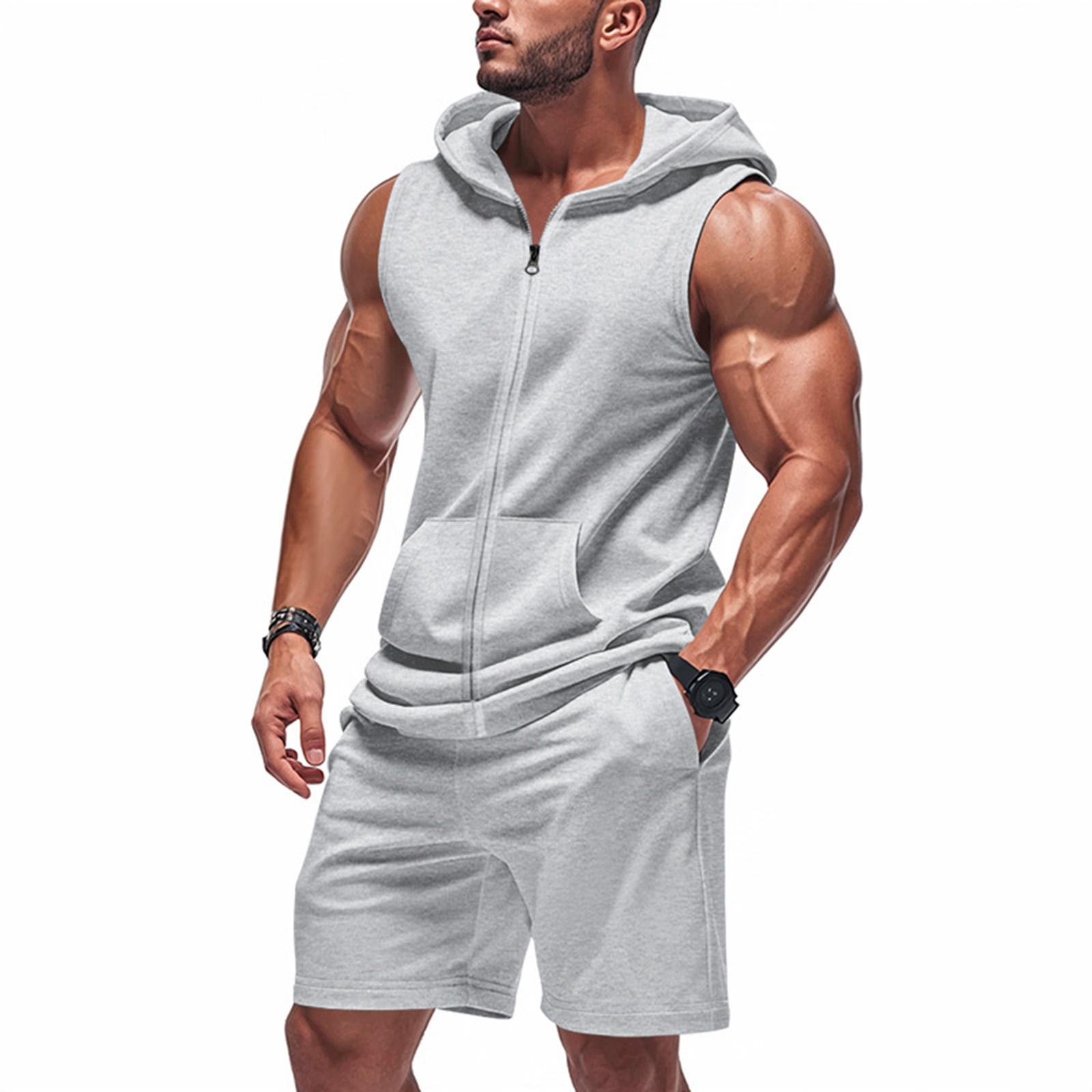 

Men s Hooded Sleeveless Jacket With Pockets Casual Sports Shorts Set XL