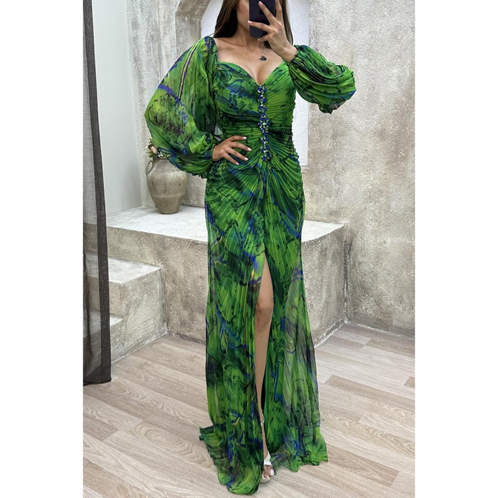 Women's Off Shoulder Long Sleeve Maxi Dress Flared Mid Waist Elegant Floral Print Evening Gown