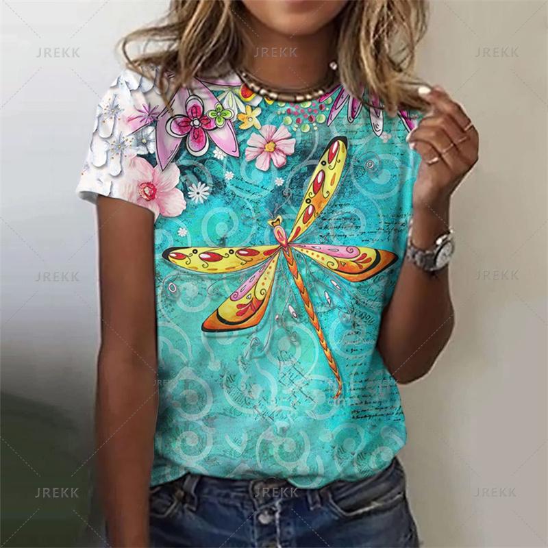 Sommer Harajuku 3D Niedliches Tier Libellen Druck T-Shirt Damen Lustige Streetwear T-Shirts Unisex Mode Kurzarm T-Shirts