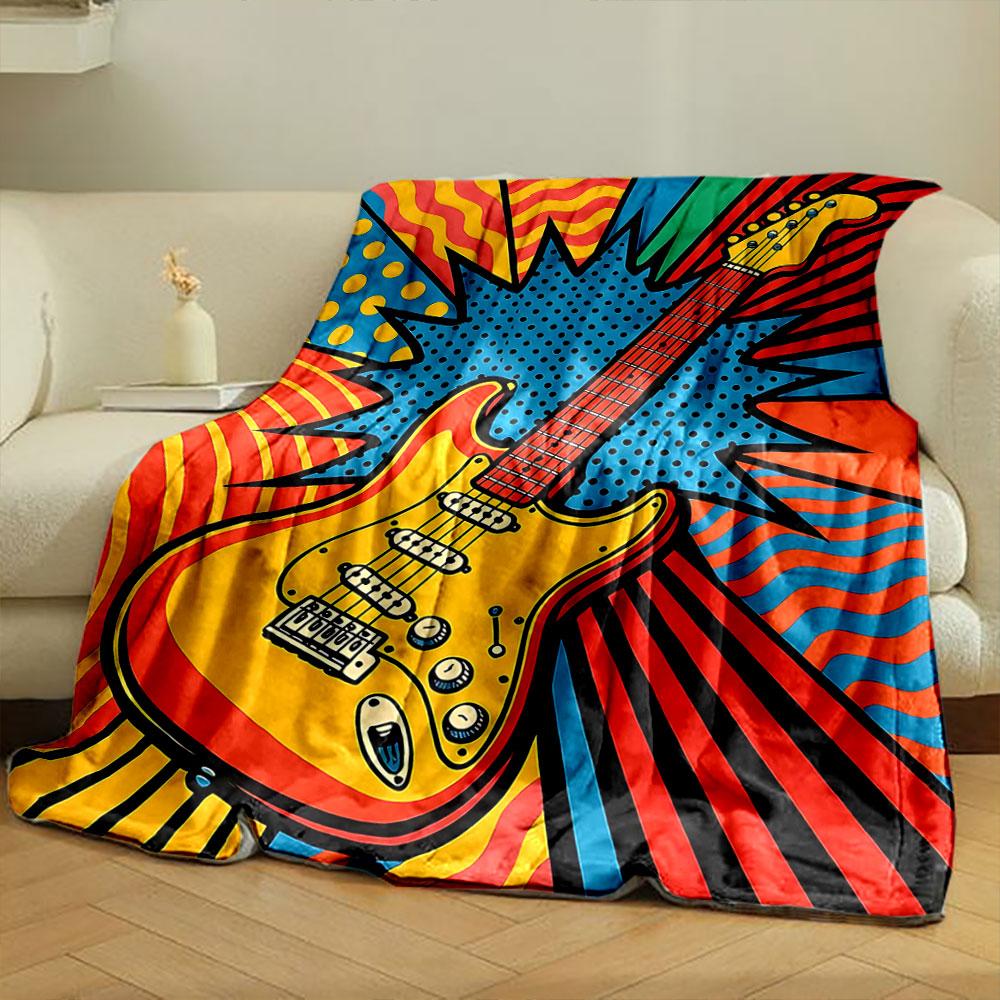 Pop art guitar surrounded by bold patterns, polka dots, and vibrant waves. for all seasons blanket lunch break throw gift