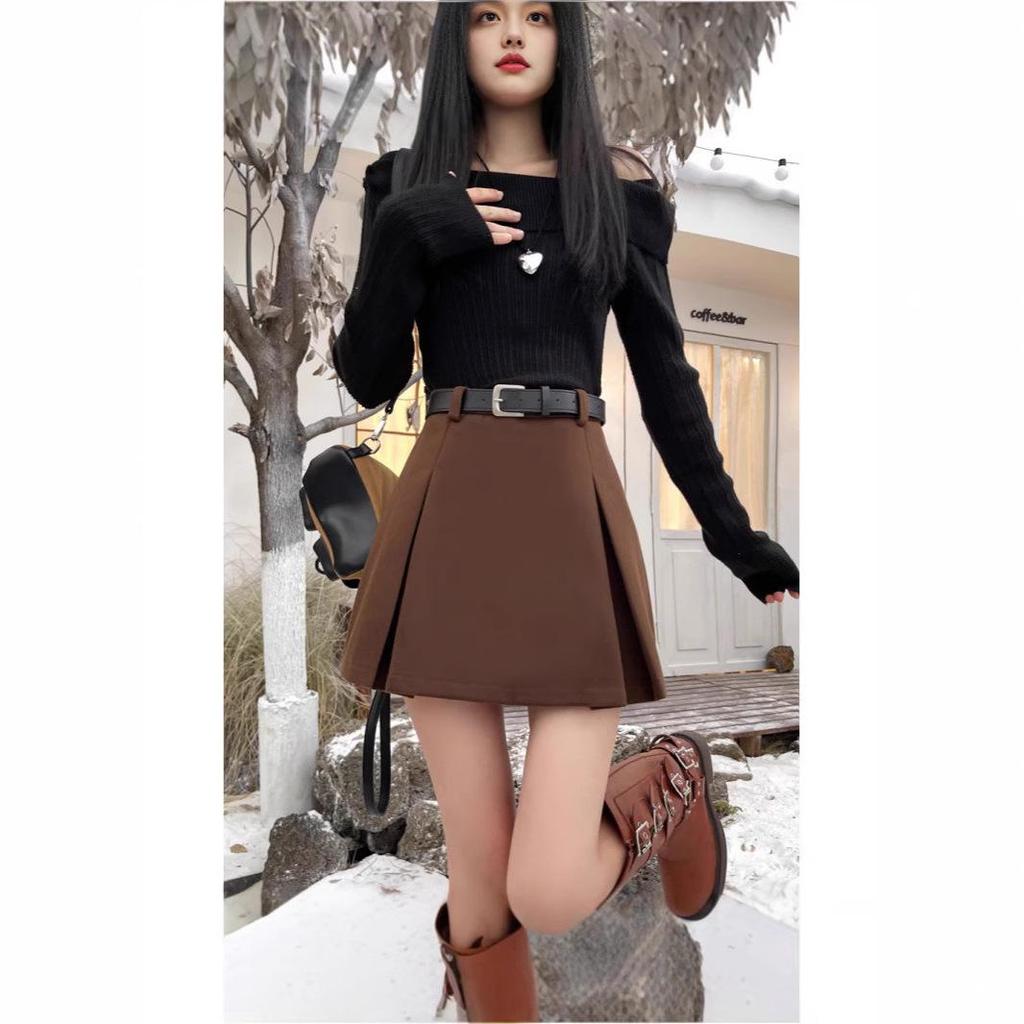 Fustă midi plisată A-line cu talie înaltă din amestec de lână stil britanic toamnă/iarnă 2024