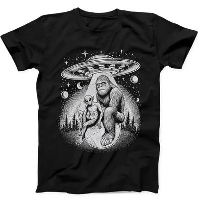 Bigfoot Alien And UFO In Forest Night Believe Funny Gift Black T Shirt 226