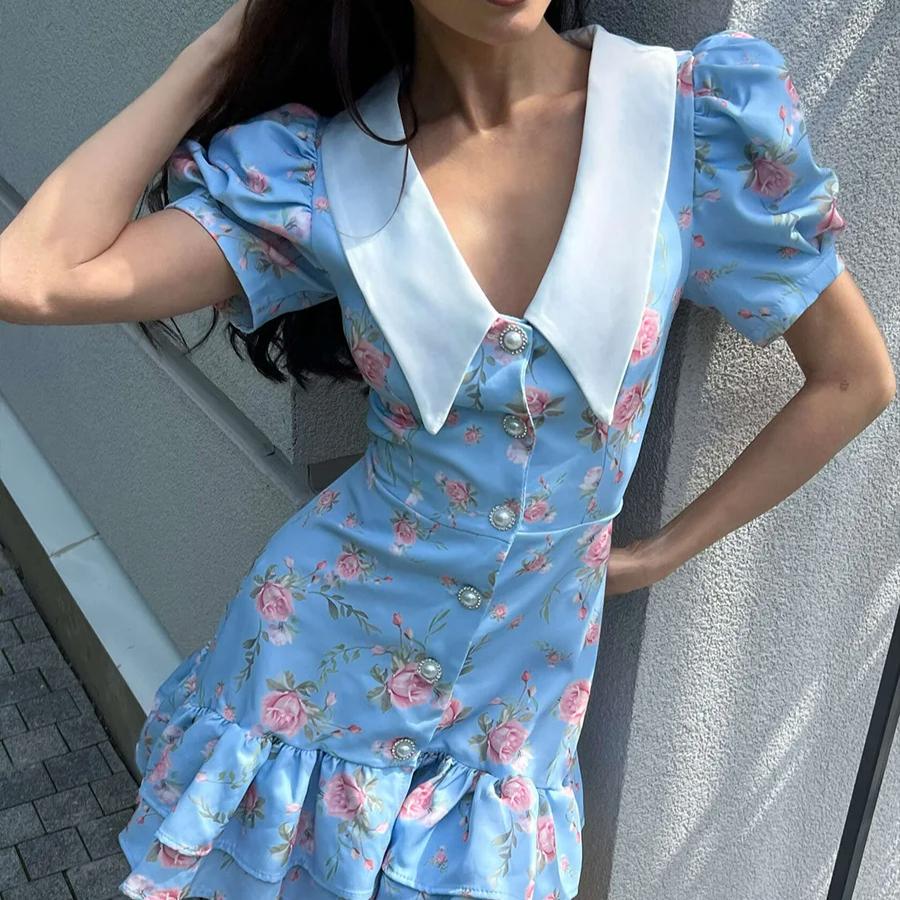 Print Puff Sleeves Ruffled Dress Women's V-Neck High Waist Pearl Buttons Mini Dress Female Casual Vacation Fashion Dress