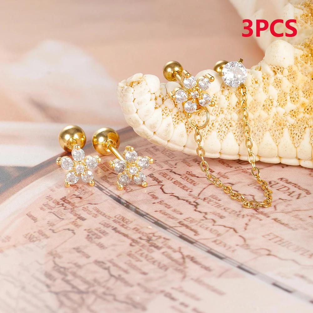 3PCS Fashion Stainless Steel Zircon Flower Stud Earrings Set for Women Double Hole Chain Helix Tragus Cartilage Piercing Jewelry