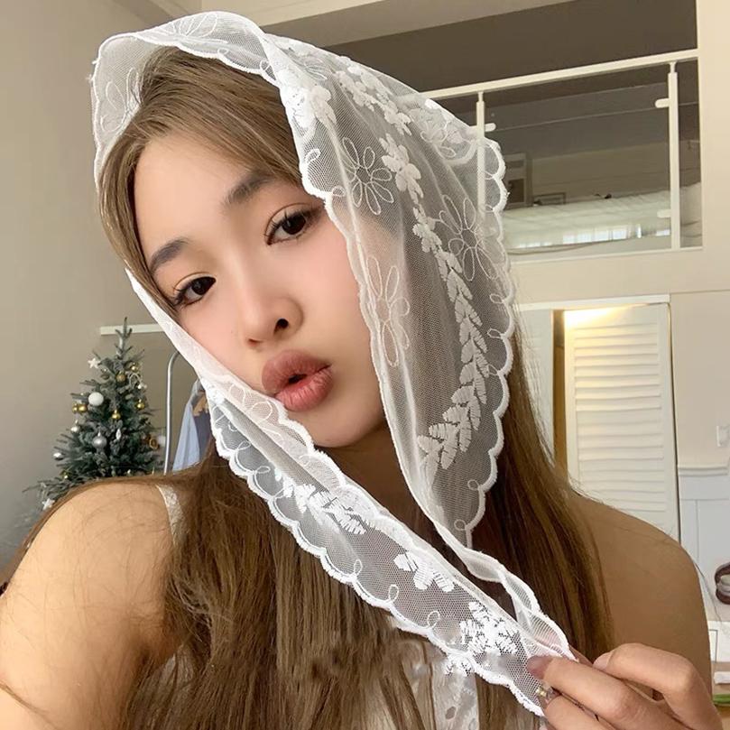 Sciarpa per capelli in pizzo floreale intrecciato bianco, avvolge le donne, foulard triangolare retrò, cappello, fascia per foto da viaggio, accessori per capelli