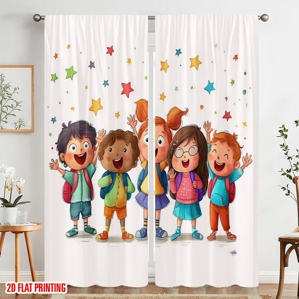 2pcs,2D Plane Printing Print Curtains Happy Youngsters Back To School Polyester Woven (without Rod) Gifts Ldeal for Bedroom,