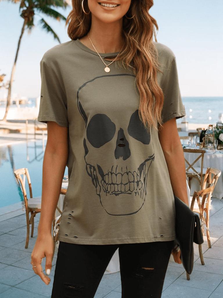 Women's Cotton Graphic T Shirt Skull Print Distressed Short Sleeve Loose Top