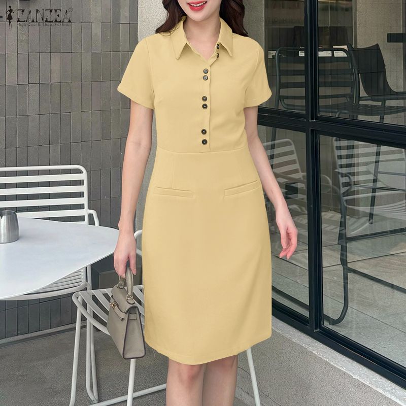 ZANZEA Lässiges Kleid mit Umlegekragen und einfarbigen Kurzarm für Damen