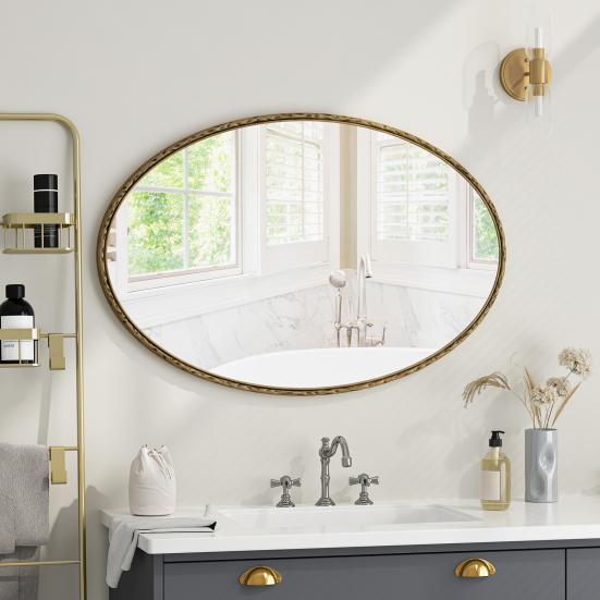 Bathroom Mirror Iron Art Oval Retro Mirror, Effect Wall Hanging Restroom Suitable for Bathroom, Bedroom, Living Room (Golden)