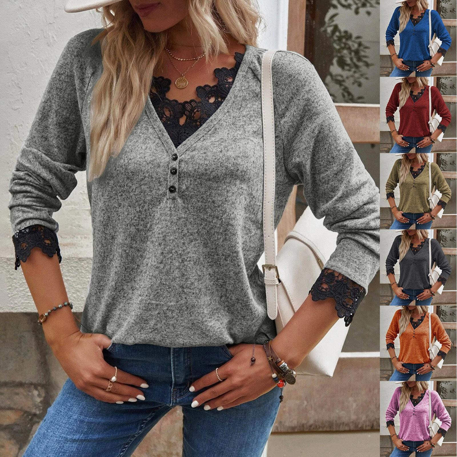 

Ladies Casual Solid Color Long Sleeve Lace Patchwork V-Neck Knit Top T-Shirt