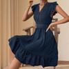 Lace Lace Patchwork Pleated V-neck Small Flying Sleeves Temperament Elegant Dress