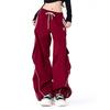 American Vintage Hip Hop High Street Loose Cargo Pants Women Stripe Elastic High Waist Drawstring Pocket Sports Straight Trouser