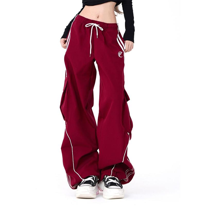 American Vintage Hip Hop High Street Loose Cargo Pants Women Stripe Elastic High Waist Drawstring Pocket Sports Straight Trouser
