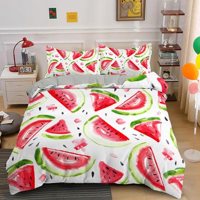 Wassermelone Königin König Bettbezug Sommer Schwarz und Grün Streifen Frucht Bettwäsche Set Mädchenhaft Aquarell 2/3-teilig Polyester Bettdeckenbezug