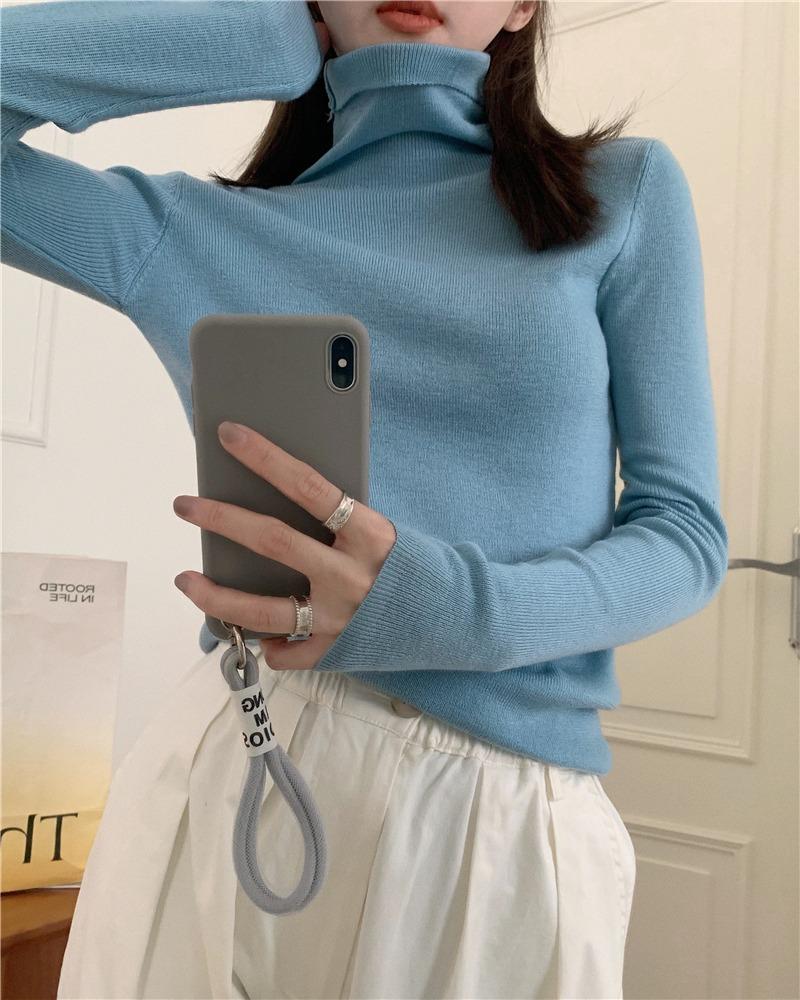 Piled Collar Solid Color All-match Knitted Sweater Women's Autumn and Winter Western-style Slim-fit Coat Inner Knitted Base Shirt