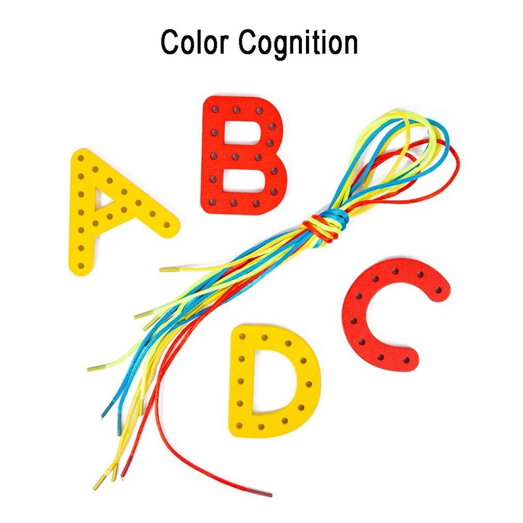 Wooden Number Letter Rope Game Early Education Cognitive Handmade Rope Letter Educational Toys Hand Eye Coordination Training