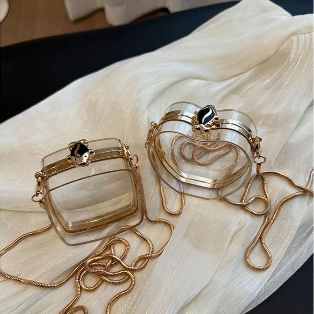 with Chain Strap Transparent Shoulder Bag Gold Lock Buckle Small Clutch Purse  Evening