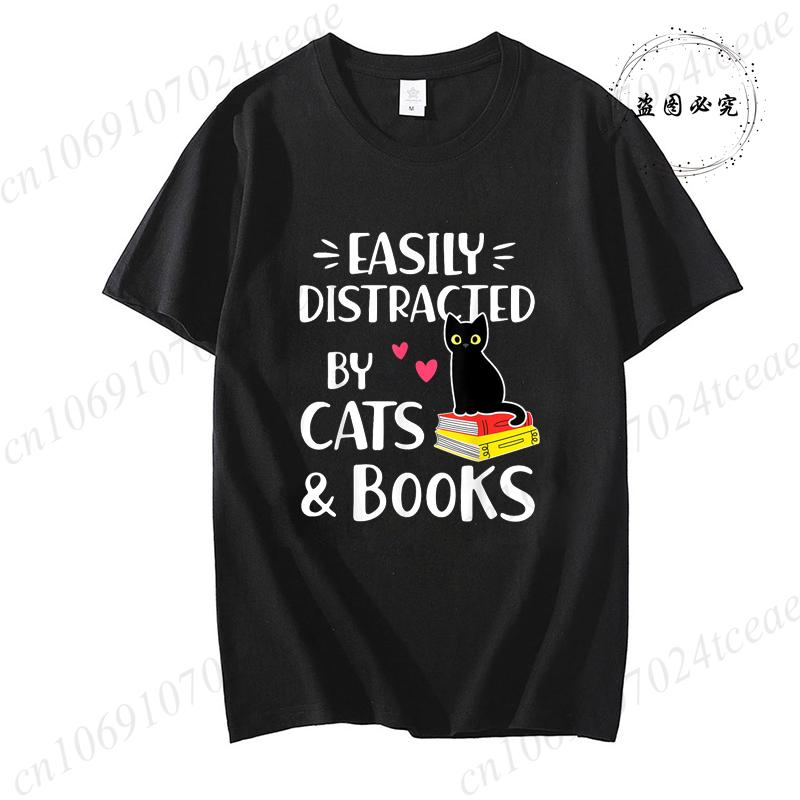 Short Sleeve Tshirt for Unisex Tee Clothes Easily Distracted By Cats and Books Tee Tops Book Reader Top Y2K Unisex Casual Clothes