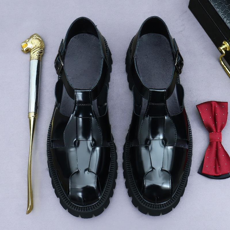 Luxusní značka Pánské ležérní platformové sandály Pravá kůže Zvyšující výšku Letní lakovaná kůže Černé boty Plus size 38-46