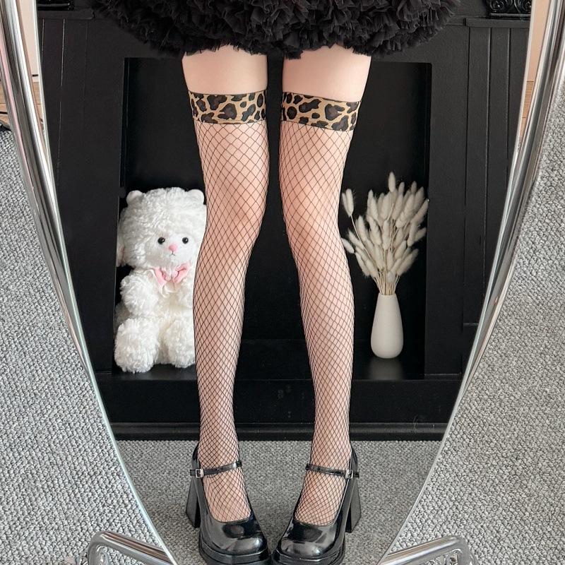 Stockings Women'S Thin Summer Anti-Hook Silk Over The Knee High Tube Black Leopard Print Edge Thigh Root Fishing Net Over The Knee Socks