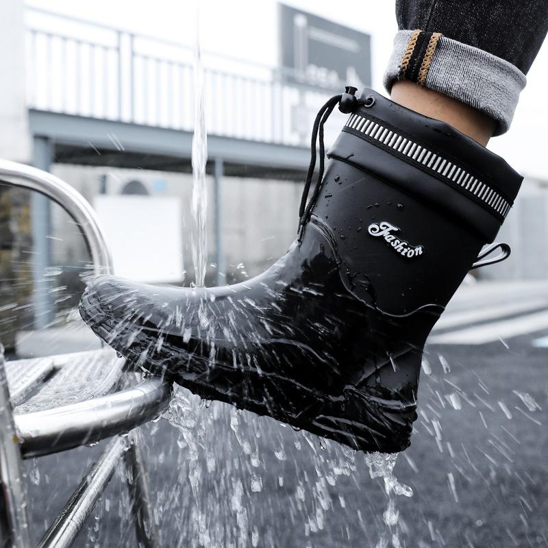 Rain Shoes Men's Medium Tube Non-slip Fishing Rain Boots Waterproof Shoes Velvet Warm Kitchen Bundle Rubber Shoes Car Wash Overshoes