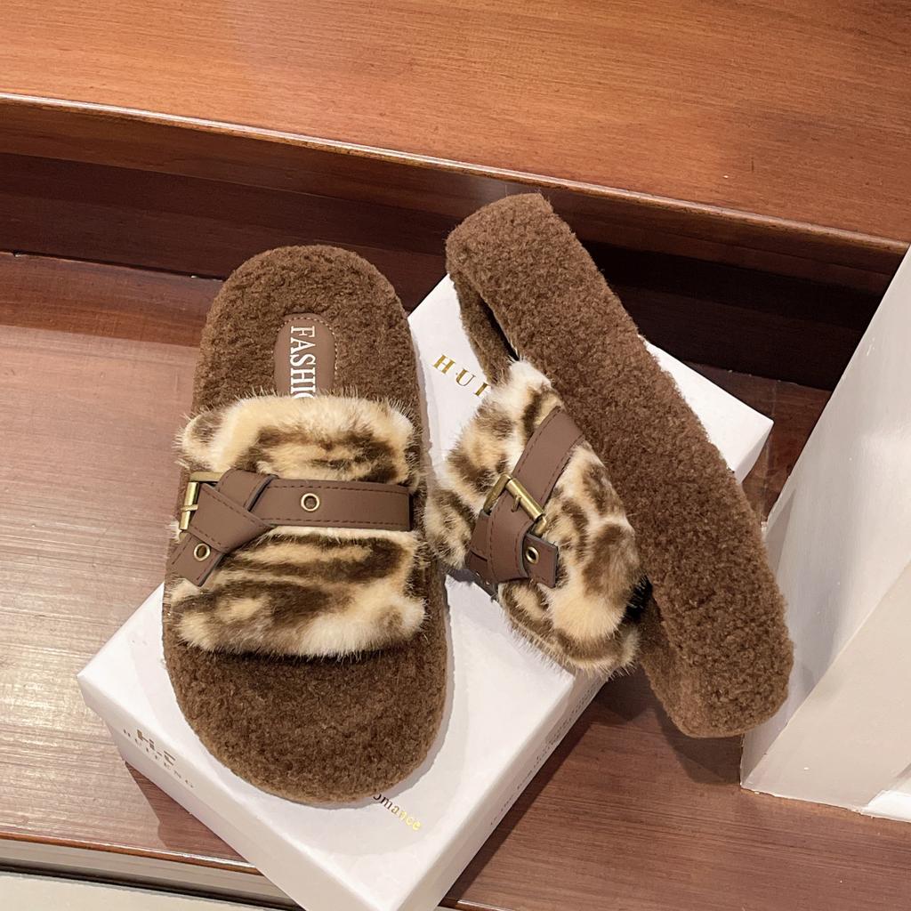 Thick-bottomed fluffy slippers women wear in autumn and winter, new indoor fluffy leopard print, high-end fashion cotton slippers