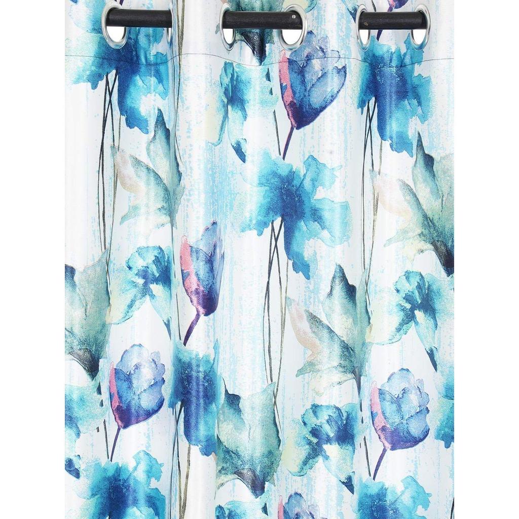 2 Pieces Abstract Flower Eyelet Polyester Long Door Curtains - Blue