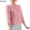 ZANZEA Women Casual Round Neck Solid Color 3/4 Sleeve Blouse