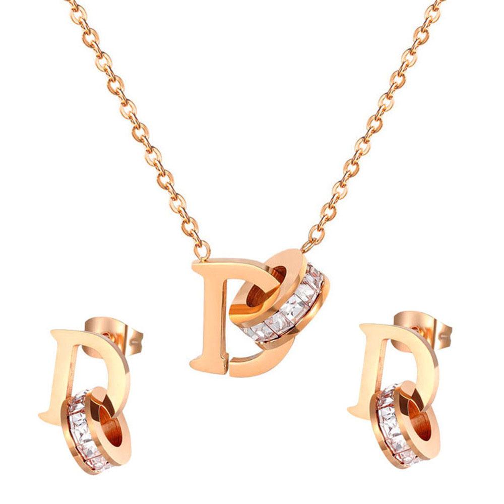 

3pcs/set Stainless Steel Zircon D Letter Hot Polished Jewelry Set ,Birthday Gifts, Party Gifts 1set= 1pair earring +1 Necklace, 45cm Яскраво-рожевий
