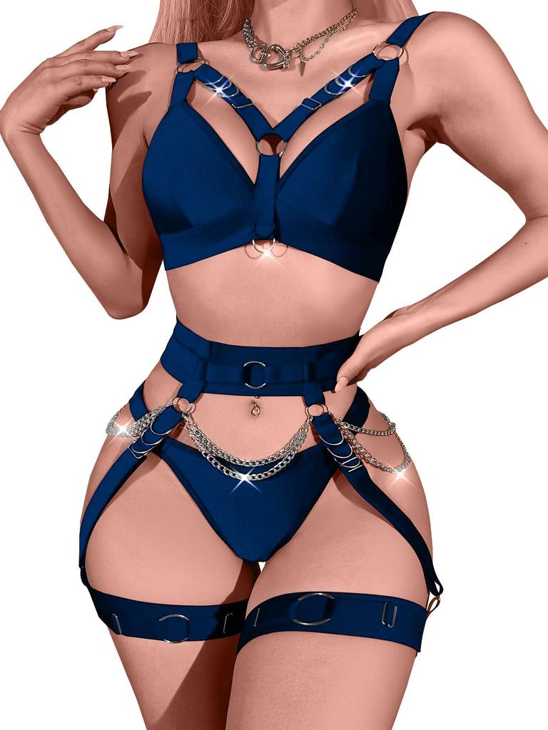 Lilosy Sexy Chain Strappy Garter Belt Women Lingerie Set Rave Outfits