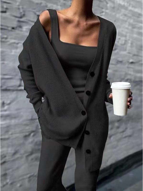 2023 Women's Long-Sleeve Solid Color Knitted Three-Piece Suit