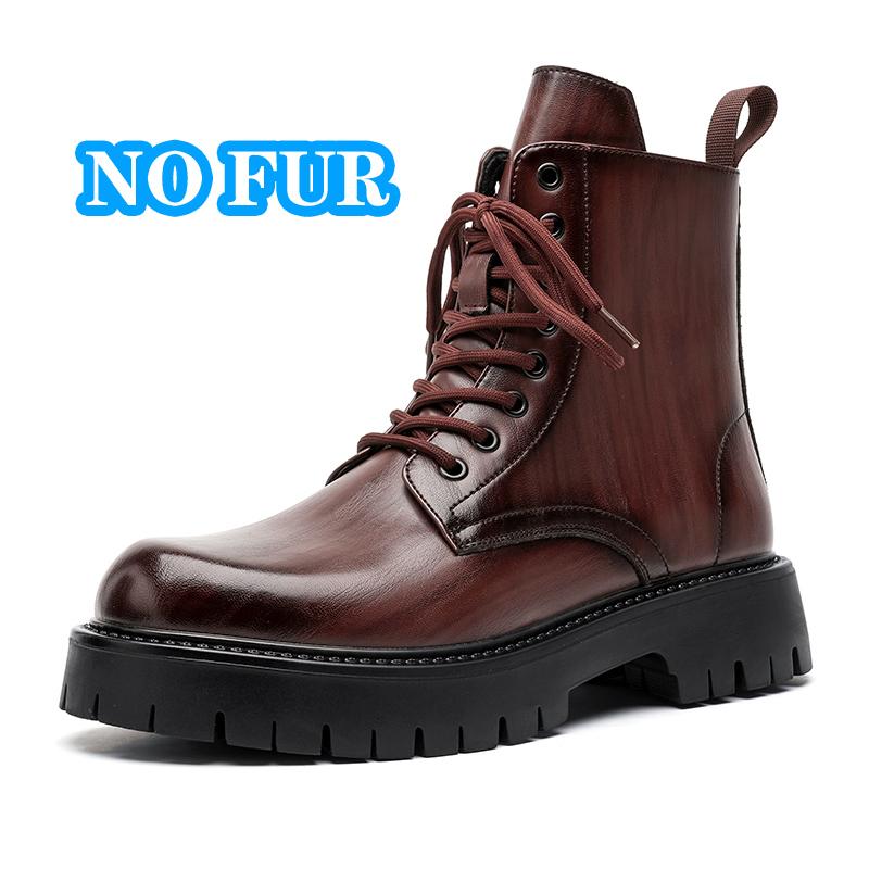Pánské ležérní kožené boty s vysokým svrškem, silnou podrážkou, motorkářské boty na šněrování, jednobarevné kotníkové boty ke střednímu lýtku, teplá plyšová kožešinová obuv