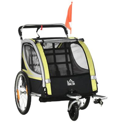 Kids Bike Trailer and Stroller, 2-in-1 Design with Brake, 5-Point Harness, Bicycle Trailer with Side Pockets, Reflectors and Flag, Yellow