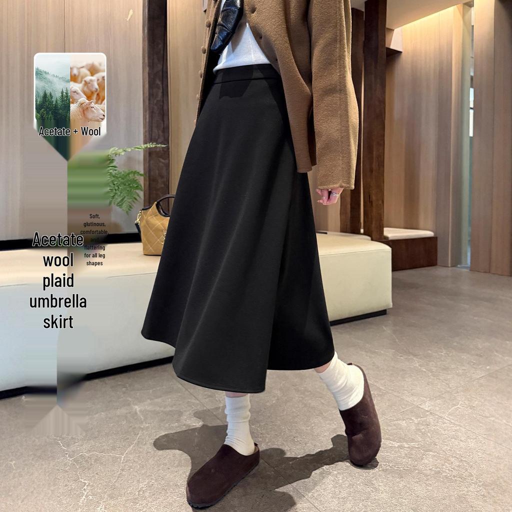 2025 New College Style Black A-Line Wool Skirt - Autumn/Winter Pear-Shaped Exclusive