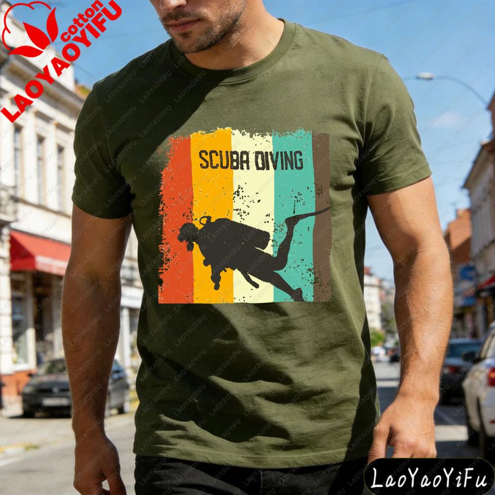 Scuba Diving Silhouette Rainbow Stripe Summer Men TShirt Vintage Style Casual Wear for Beach Outdoor Activities Gift
