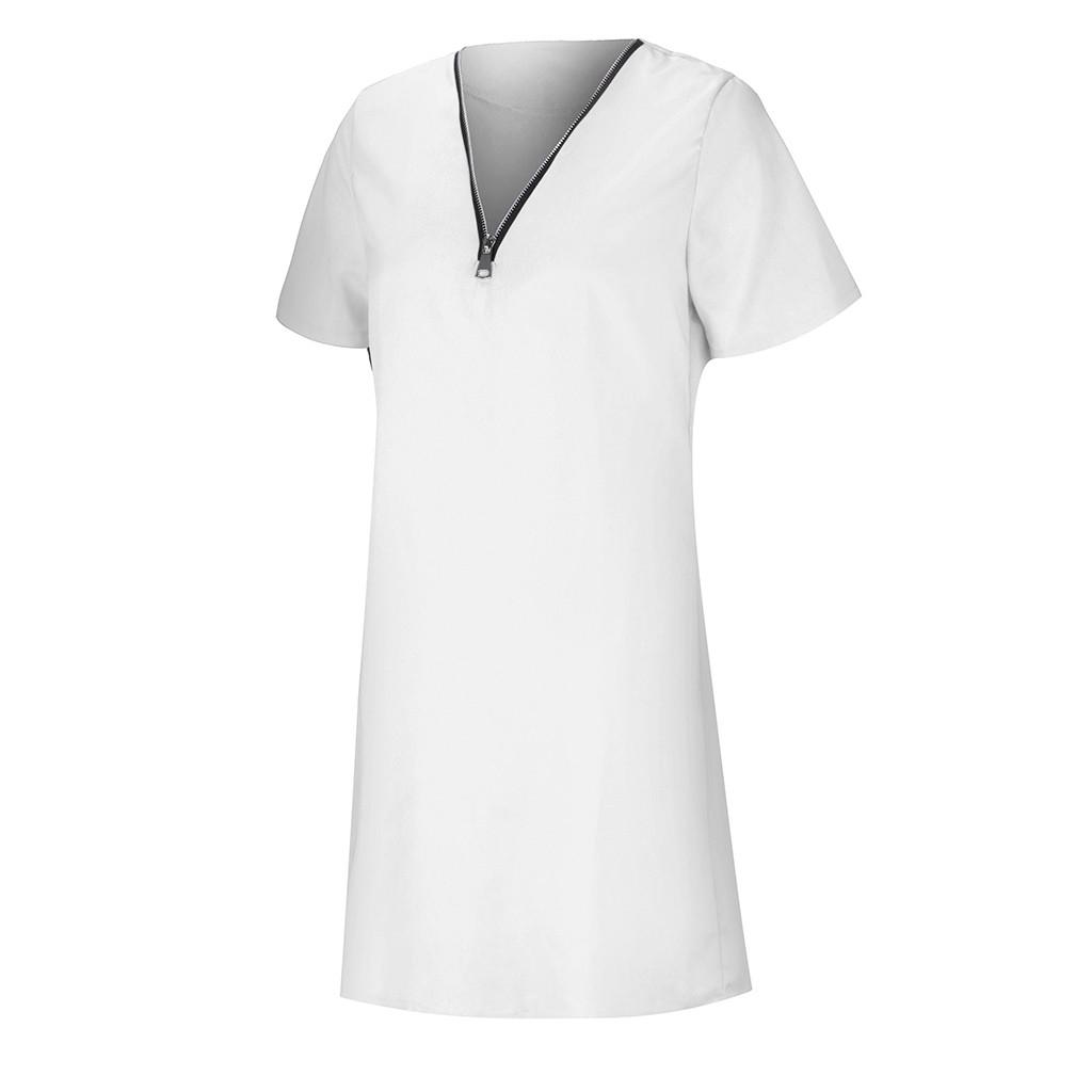 Womens Short Sleeve V Neck Zipper Shirt Dress Loose Party Evening Dress