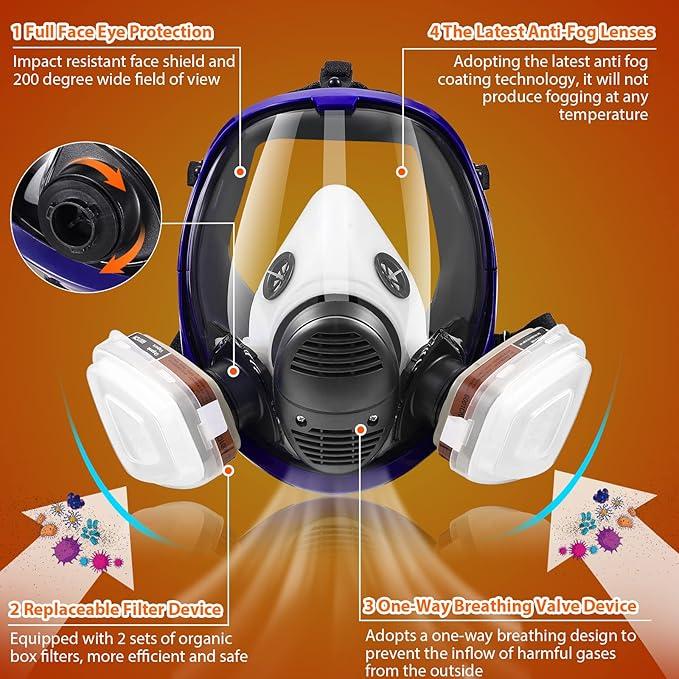 Full Face Respirator Mask with Filters, Anti-Fog Anti-Gas Anti-Dust Respirator, Gas Mask for Painting Spraying