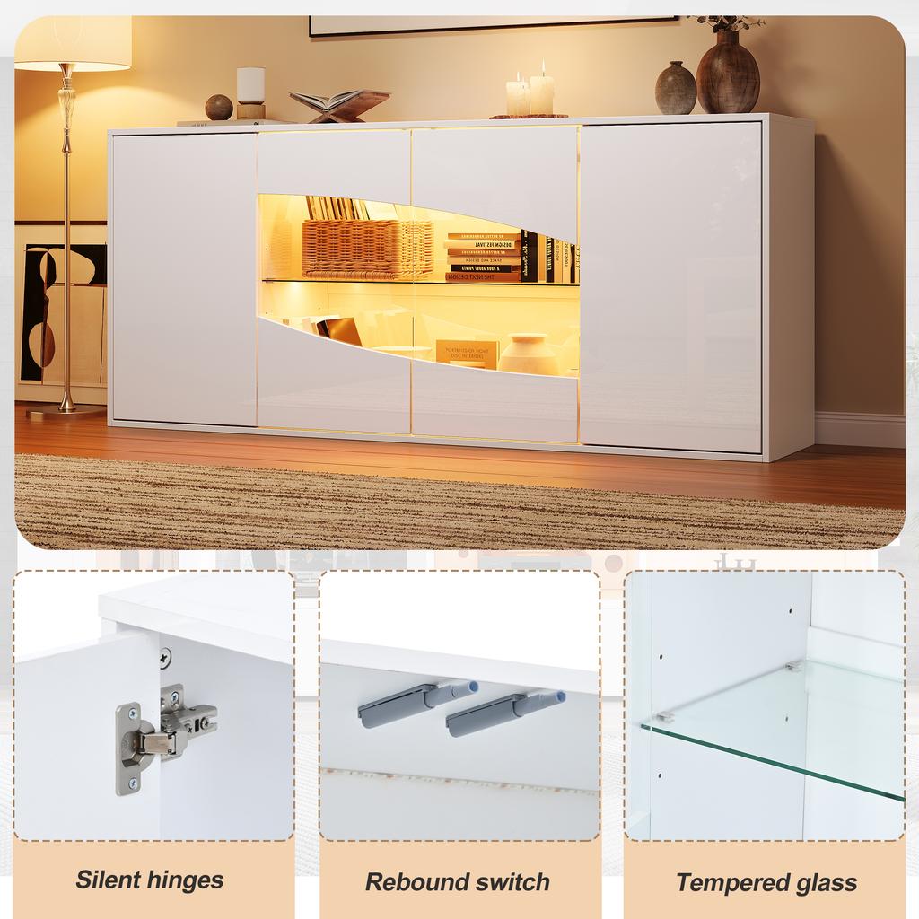 160×35×70cm Sideboard with RGB LED Lighting, White High Gloss, Display Cabinet 4 Doors (2 Safety Glass), Adjustable Shelves, 6 Storage Compartments