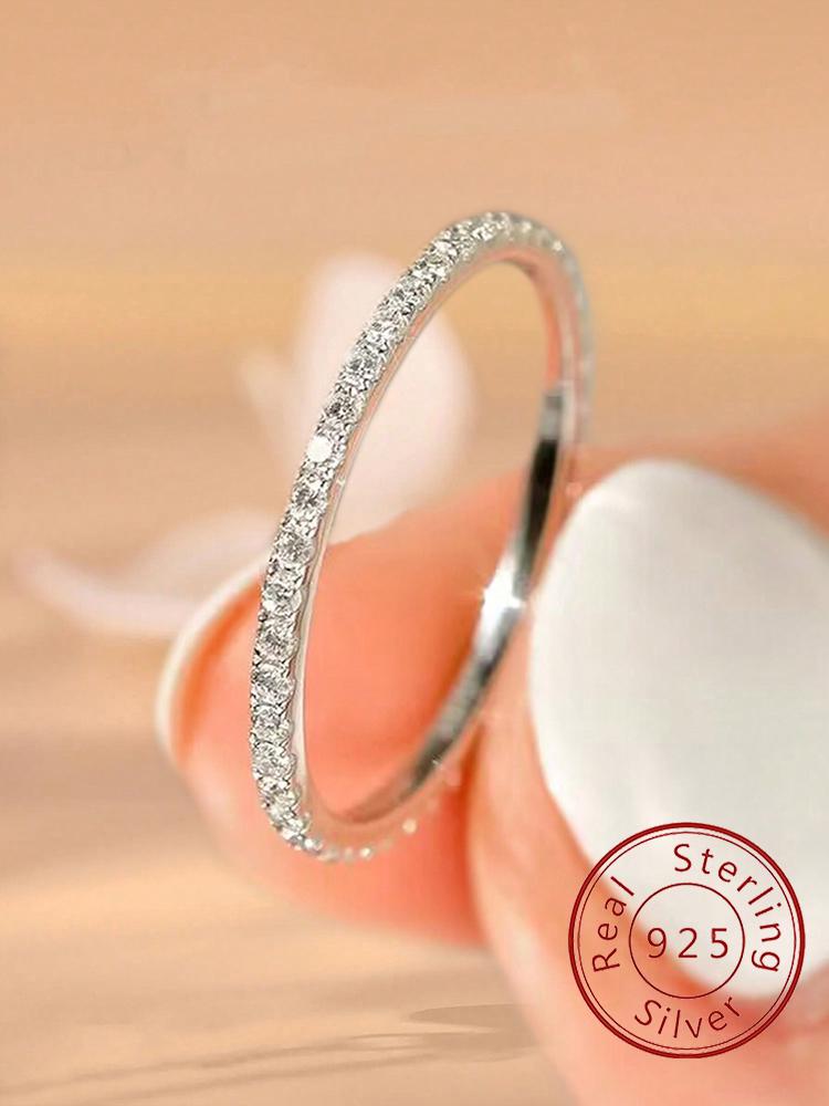 925 Silver Fashion Shiny 1.4mm Full Zircon Stackable Plain Ring For Women Daily Party Personalized Fine Jewelry